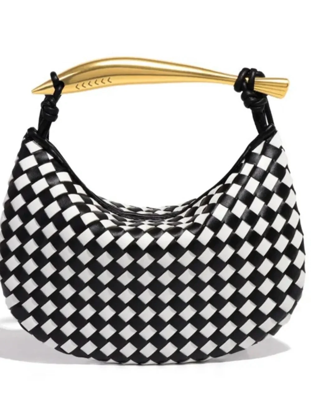 New Sardine Woven Black & White Halfmoon Bag with Gold Handle #Lux-P